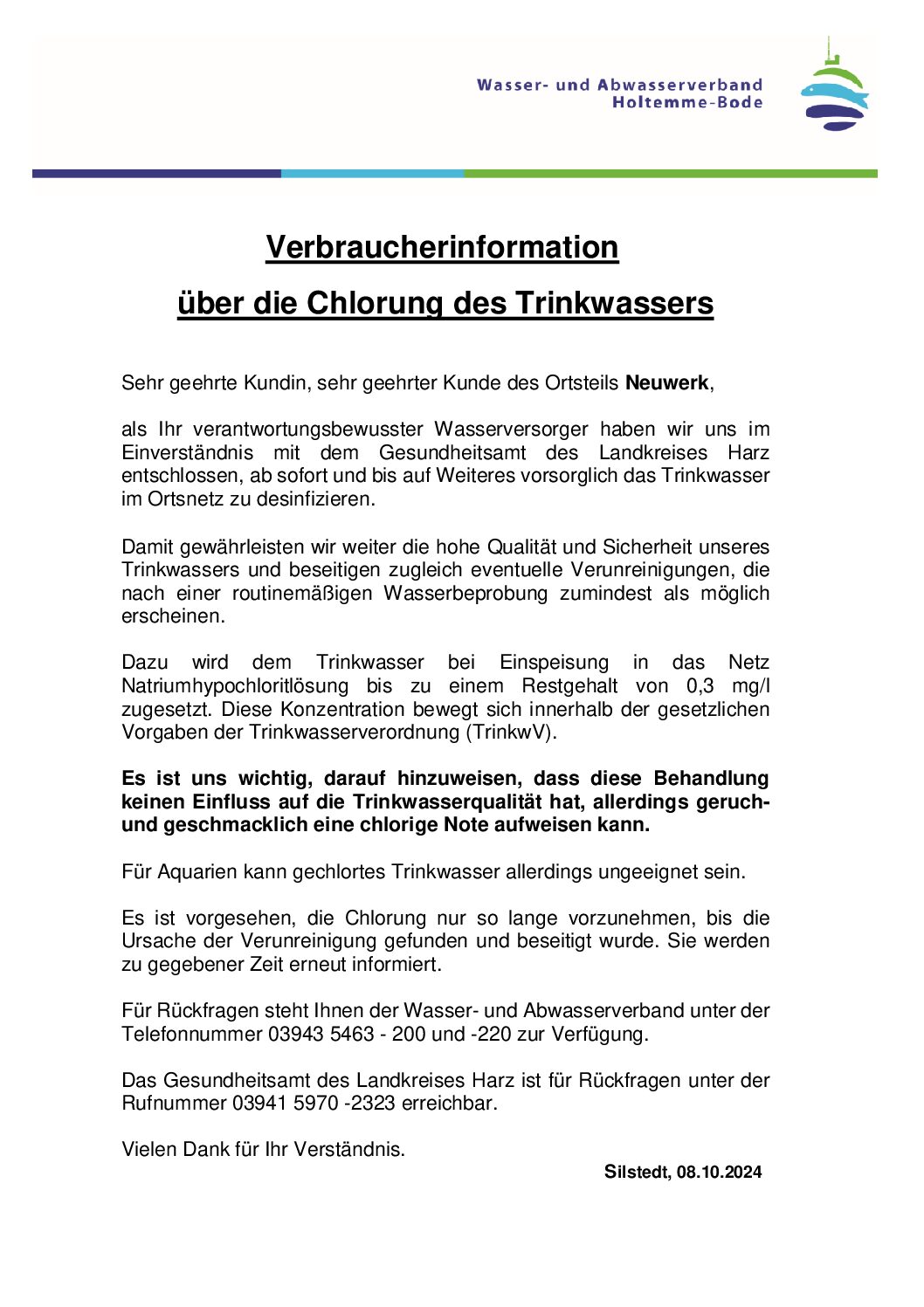 Verbraucherinformation über die Chlorung des Trinkwasser